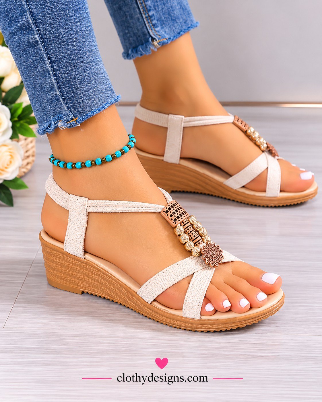 Elegant Women's Round Toe Wedge Sandals – Chic Metal Embellished Comfortable Everyday Shoes